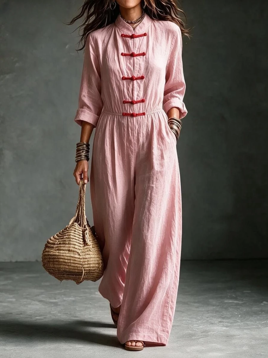 Breezaya Women's Fashion Frog Button Placket Pocket Wide Leg Casual Jumpsuit - Pink - View 1