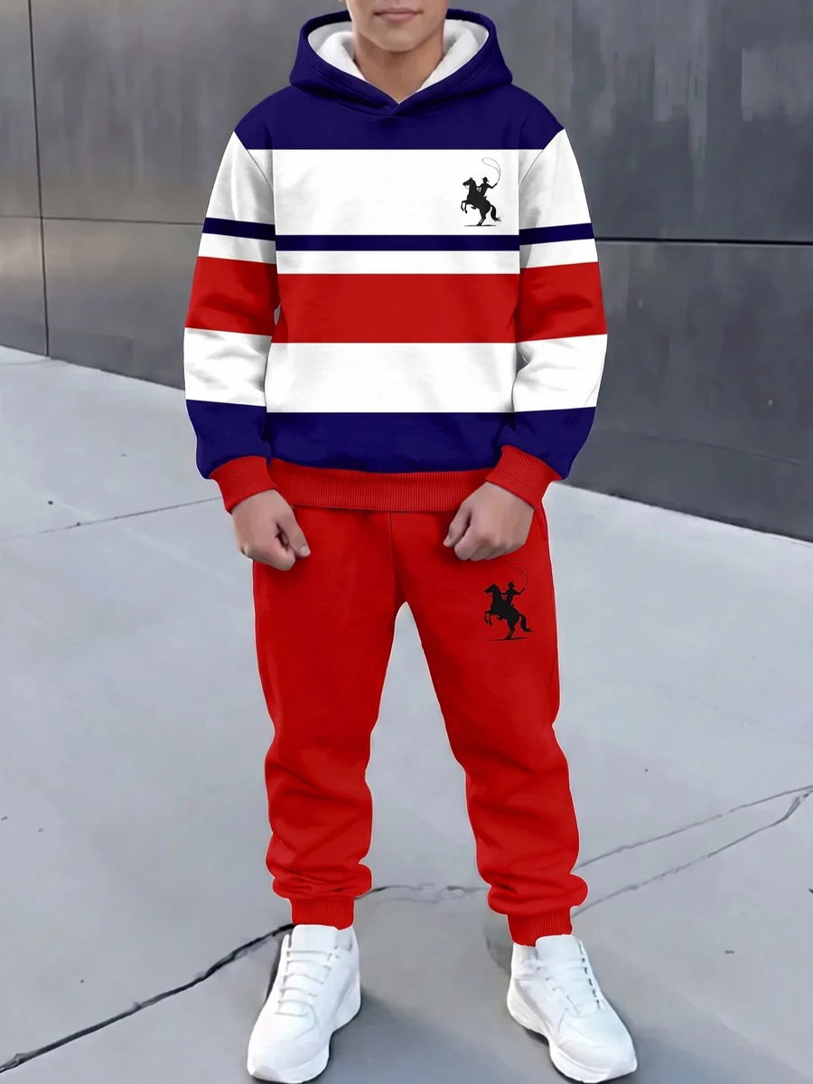 Tween Boy Striped Colorblock Long Sleeve Hoodie And Jogger Pants 2 Pieces Set, Suitable For Autumn/Winter - Multicolor - View 1