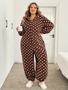 SHEIN CURVE+ Autumn/Winter Thermal Lined Brown Polka Dot Hooded Rabbit Ears Jumpsuit - Multicolor - View 4