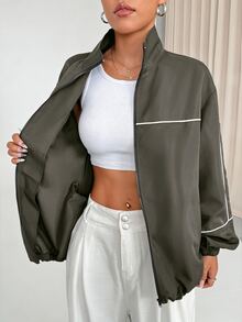 StreetHx Jaket Olahraga Putih dengan Resleting dan Hiasan Garis-Garis - Dark Grey - View 5