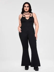 ROMWE Y2K Plus Size Women Dark Gothic Punk Style Star Lace-Up Flare Leg Sexy Jumpsuit - Black - View 6