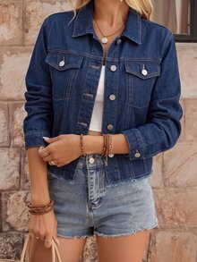 EMERY ROSE Women's Fashion Button Long Sleeve Frayed Denim Jacket - Dark Wash - View 8
