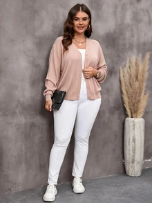 EMERY ROSE Plus Size Solid Color V-Neck Long Sleeve Cardigan - Apricot - View 4