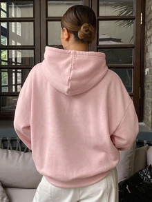 DAZY 連帽休閒保暖內裡素色中性寬鬆女款運動衫 - 粉色 - 查看 2