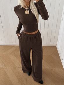 SHEIN EZwear طقم نسائي بلون موحد بأكمام طويلة و بنطال كاجوال للاستخدام اليومي - بني - مشاهدة 8