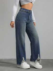 Jeanoix 女款性感鈕扣口袋磨損牛仔褲 - 中等水洗藍 - 查看 4