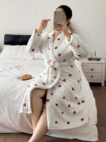 CottageSlumber Heart Print Plus Size Long Sleeve Plush Robe - White - View 1