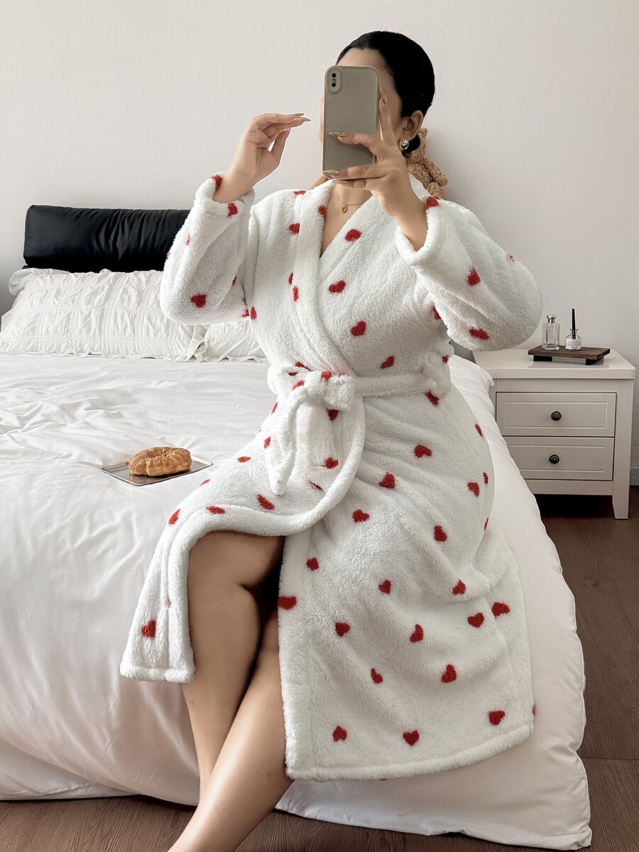 CottageSlumber Heart Print Plus Size Long Sleeve Plush Robe - White - View 1
