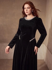MOTF PREMIUM WOMEN'S PLUS SIZE PATCHWORK RHINESTONE TRIM LONG SLEEVE ELEGANT DRESS - Black - View 3