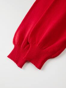 SHEIN Women Fall Winter Off‑Shoulder Knit Sweater Merry Letter Embroidery Lantern Long Sleeve Pullover - Red - View 6