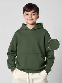 Tween Boy Pocket Drop Shoulder Sweatshirt, Casual Suitable For Spring/Autumn Daily Wear - Army Green - View 1