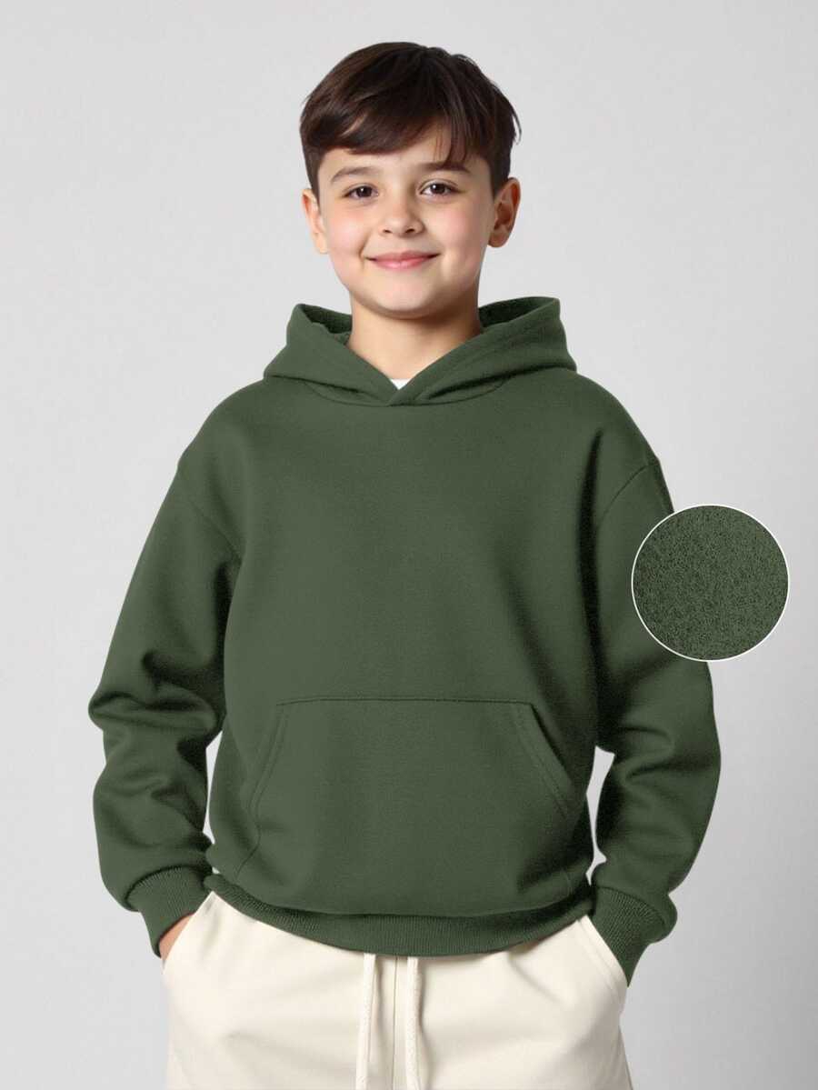 Tween Boy Pocket Drop Shoulder Sweatshirt, Casual Suitable For Spring/Autumn Daily Wear - Army Green - View 1