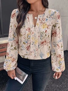 SHEIN LUNE 大尺碼四季百搭印花優雅休閒圓領小V領簡約女款長袖上衣 米色 適合辦公通勤 - 彩色 - 查看 4