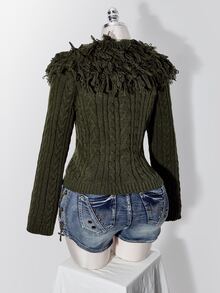 SHEIN ICON Plus Size Y2K Knit Top With Turn-Down Collar, Fur Trim And Tassel - Army Green - View 10
