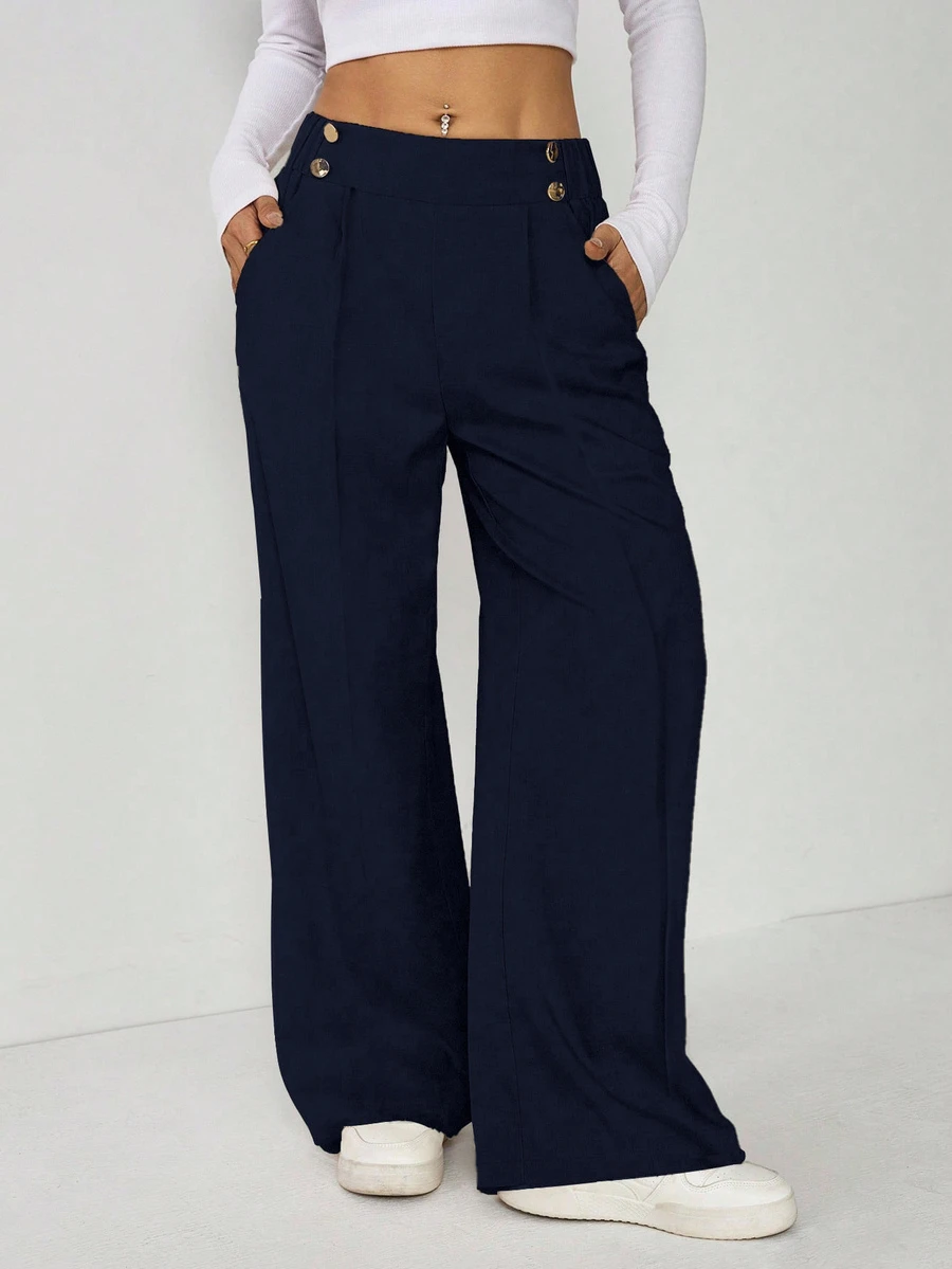 SHEIN PETITE Women's Elegant Double Button Straight Office Pants - Dusty Blue - View 1