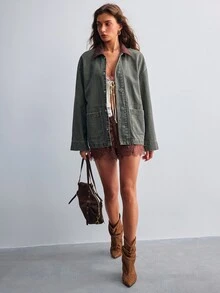 Willow Rêve Jaket Denim Hijau Wanita dengan Kerah Korduroi Kontras, Potongan Longgar - Hijau Tentara - View 3
