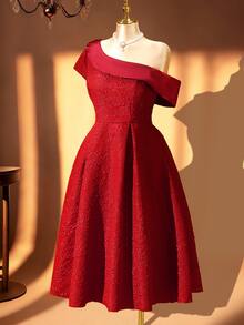 Rometta Plus Size Asymmetrical Shoulder 3D Floral Applique Full Skirt Evening Dress - Burgundy - View 1