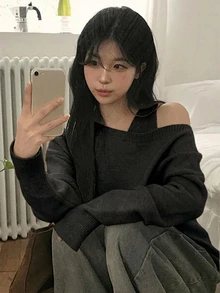 DAZY 女款純色圓領無袖背心與露肩休閒寬鬆針織毛衣 2 件套 - 黑色 - 查看 7