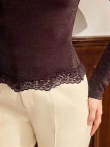 Vintamour Women's Brown Fitted Elegant Top With Stand Collar And Keyhole Neckline - Coffee Brown - View 6