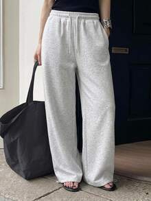 DAZY Celana Sweatpants Kasual Wanita Warna Polos dengan Tali Serut di Pinggang dan Saku, Potongan Lebar. - Grey - View 1