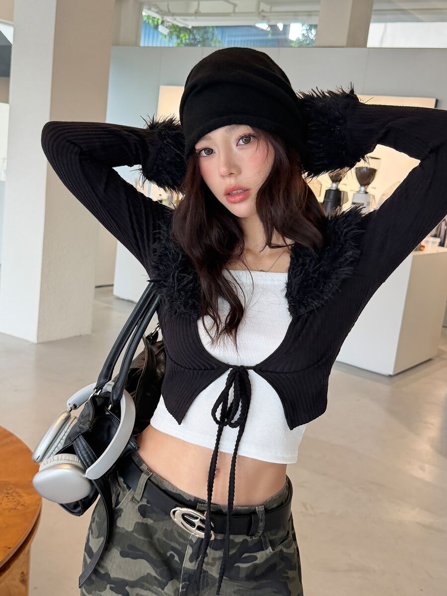 K-Vae 女款秋冬黑色夾克,毛領針織修身外套 - 黑色 - 查看 1