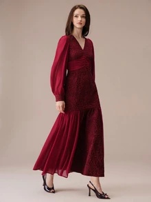 BELROSIE Elegant Mature Style V-Neck Jacquard Patchwork Pearl Chiffon Bodycon Long Dress For Women Wedding Cocktail Dinner Burgundy Fall Christmas - Red - View 3