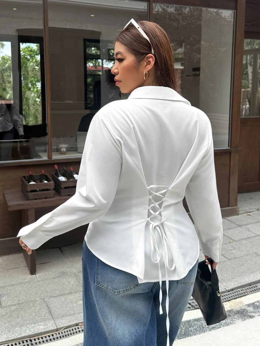 GalTyme Women's Plus Size Front Button Long Sleeve Shirt - White - View 1