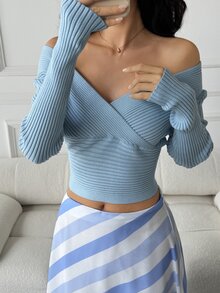 Strévra Women's Square Neck Long Sleeve Casual Sweater - Blue - View 7