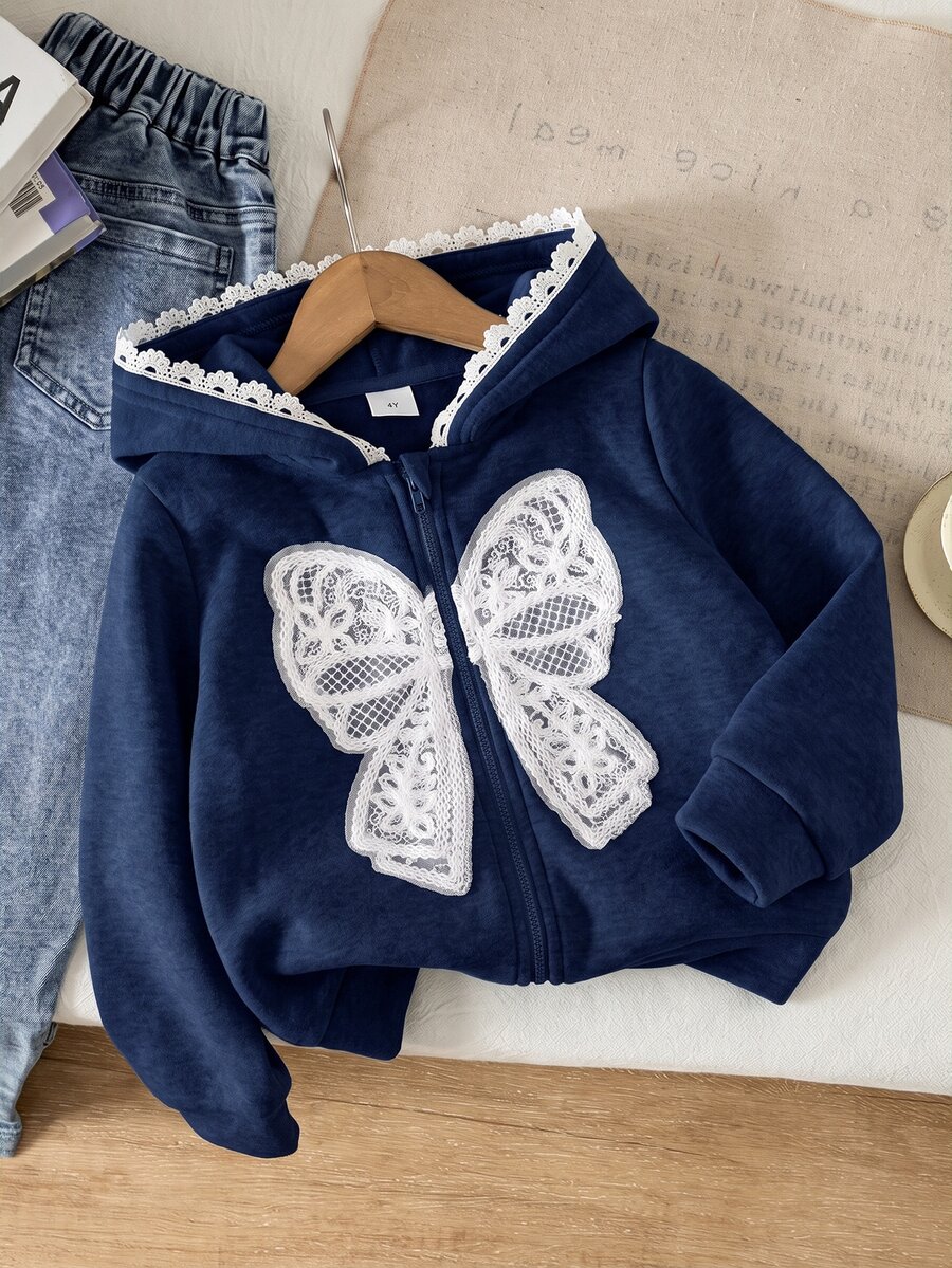 SHEIN 女童灰色與白色花朵蝴蝶結裝飾連帽衛衣外套,適合秋冬外出穿著 - 藍色 - 查看 1