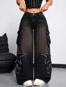 SHEIN Tall CURVE Plus Size Fashion Button Pocket Applique Embroidery Denim Jeans - Black - View 9