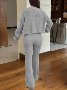 SHEIN EZwear 2件組女款休閒純色寬肩帶開襟衫與抽繩腰喇叭褲套裝，適合秋季/旅行，黑色 - 淺灰色 - 查看 2