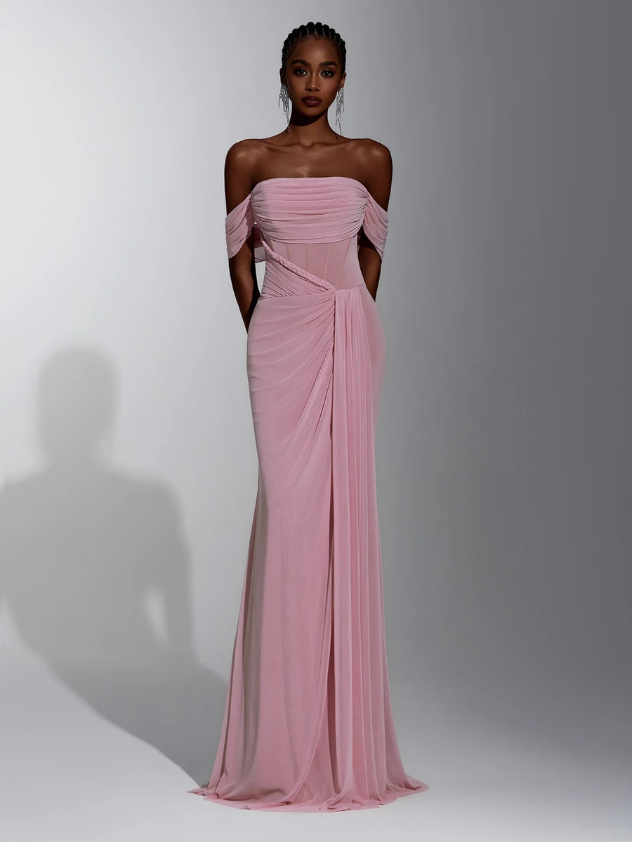 Elitara Elegant Pink Off-Shoulder Sleeveless Evening Gown With Metal Shoulder Buckle, Waist Fish-Tail Applique, Sheer Mesh Pleats, Handmade Hemp Rope Decor, Fish-Tail High Slit Side Drape, Suitable For Spring/Summer Dates, Vacations, Bachelorette Parties, Weddings, Events, Graduation, Back To School, Heavy Embellished Formal Party - Dusty Pink - View 1