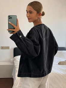 DAZY 女款刺繡設計寬鬆牛仔夾克外套 - 黑色 - 查看 2