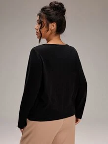 SHEIN BASICS كنزة صوفية نسائية مقاس كبير بلون موحد كاجوال للاستخدام اليومي بأكمام طويلة - الأسود - مشاهدة 7