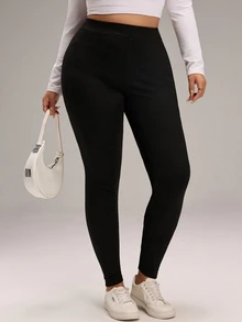 EMERY ROSE Plus Size Women's Solid Color High Waist Casual Versatile Leggings - Black - View 1