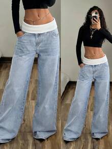SHEIN Tall Women's Double Waistband Low Waist Slimming Wide Leg Denim Jeans With Pockets - Blue - View 3