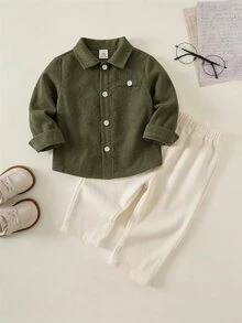 中性嬰兒男/女嬰 2件組秋冬休閒學院風襯衫套裝，男嬰套裝 - 彩色 - 查看 1