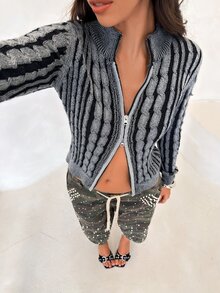 BAD SUNDAY Women's Long Sleeve Black & Grey Retro Cardigan Sweater, Y2K Millennium Style, Autumn/Winter - Grey - View 5