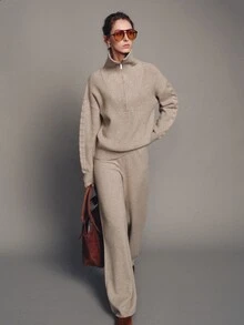 MOTF PREMIUM Knitted Half-Zip Collared Top And Wide Leg Pants 2 Pieces Set - Camel - View 7