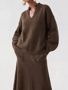 Zivah 女款棕色針織毛衣套裝，寬鬆版型立領長袖上衣搭配 A 字口袋裙 - 咖啡棕 - 查看 2