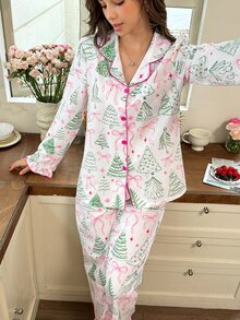 Snug Reverie Fresh Christmas Tree Print Color Block Trim Ruffle Hem Pajama Set - Multicolor - View 3