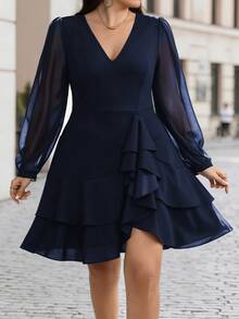 Velvienne Black Deep V-Neck Chiffon Puff Sleeve Ruffle Dress, High Waist Ultra Short A-Line Mini Dress, Asymmetrical Multi-Layer Ruffle Structure: Waist Side 3D Stacked Large Wave Pleats, Asymmetrical Layered Ruffle Hem, Flowing Layered Lace, Dynamic Movement When Walking, Flattering Hips And Lengthening Legs, Plus Size Dress - Navy Blue - View 4
