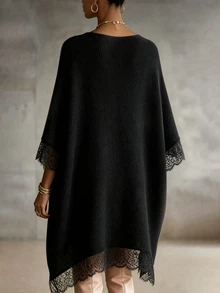 Women's Lace Patchwork Asymmetrical Hem Sweater Dress - Black - View 2