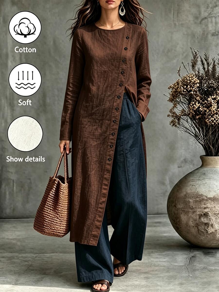 SHEIN 女款圓領前開襟鈕扣長袖襯衫 - 咖啡棕 - 查看 1