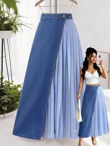 GlowEve Women's Waist Button Design Patchwork Pleated Casual Denim Skirt - Multicolor - View 6