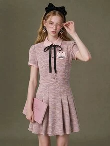 Elnivra Women's Sweet Embroidered Button Pleated Short Sleeve Dress - Pink - View 6