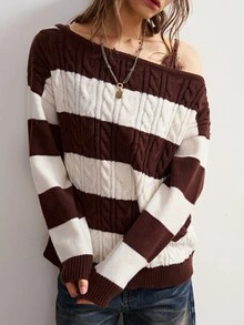 Bohemela Sweater Lengan Panjang Wanita Gaya Korea dengan Bahu Asimetris dan Motif Garis-Garis Blok Warna - Hitam dan Putih - View 3