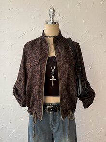 Attitoon Women's Leopard Print Zipper Casual Daily Long Sleeve Jacket - Brown - View 1