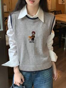 DAZY 女款冬季淺灰色V領無袖純色寬鬆羅紋針織休閒百搭毛衣背心 - 淺灰色 - 查看 3