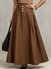 Linhara CURVE Rok Payung Model A-Line Pinggang Reguler Ukuran Plus untuk Wanita dengan Potongan Patchwork dan Gesper Dekoratif, Panjang Sedang, Rok Komuter - Coklat - View 3